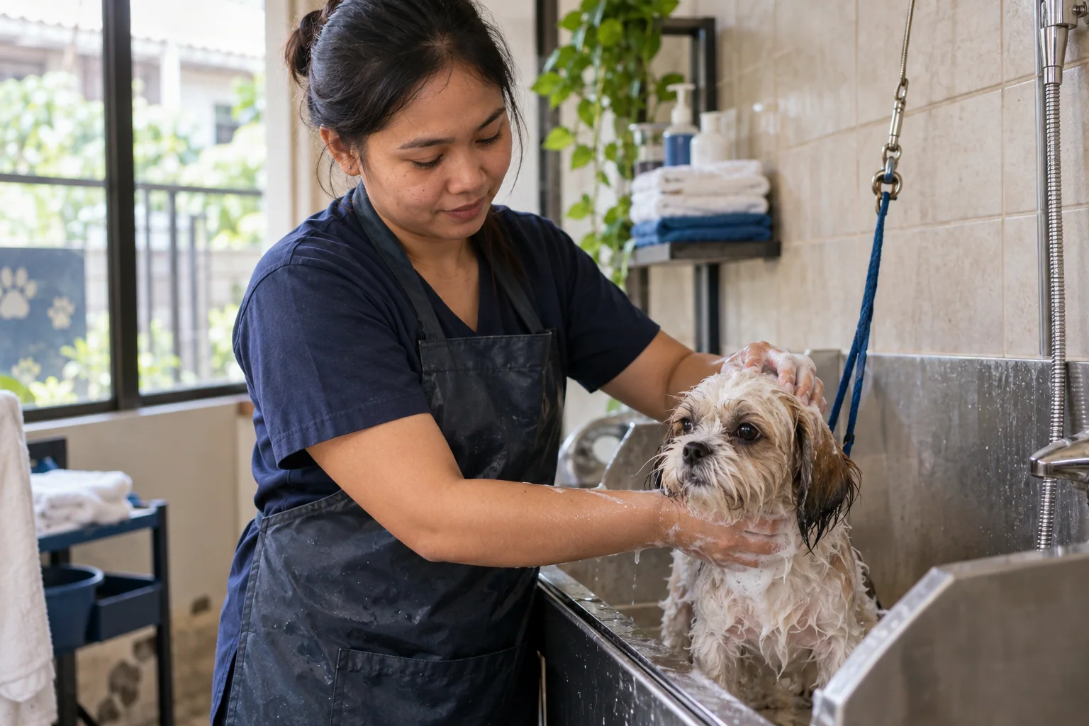 A pet-care worker gently washes a dog at a grooming station.