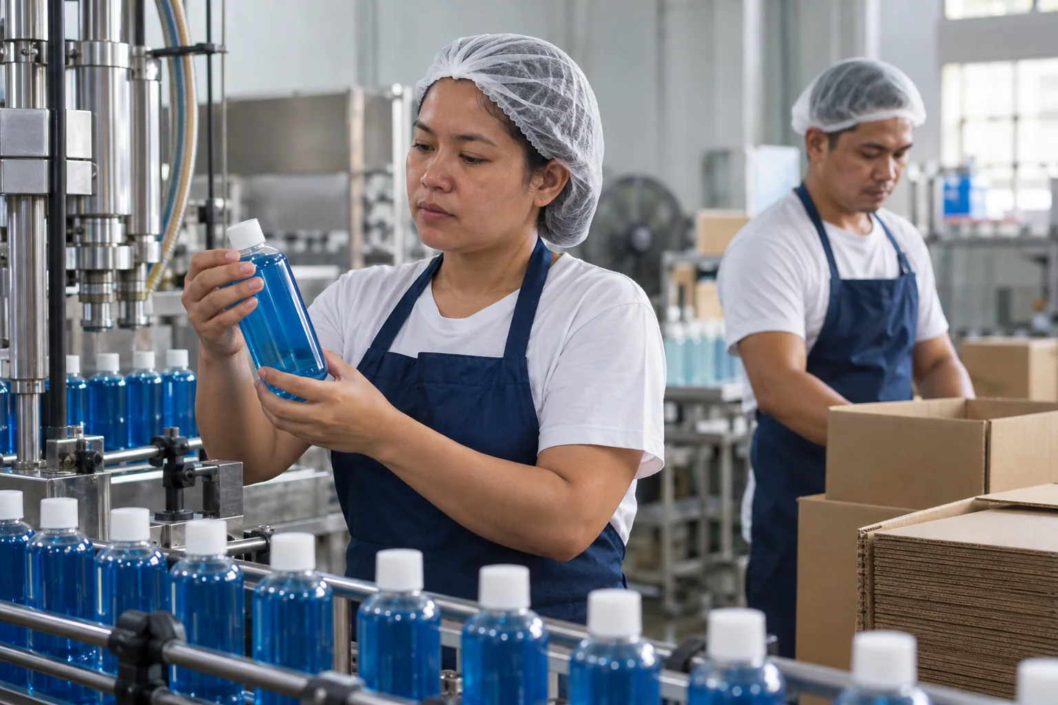 A production worker checks filled bottles on a manufacturing line.