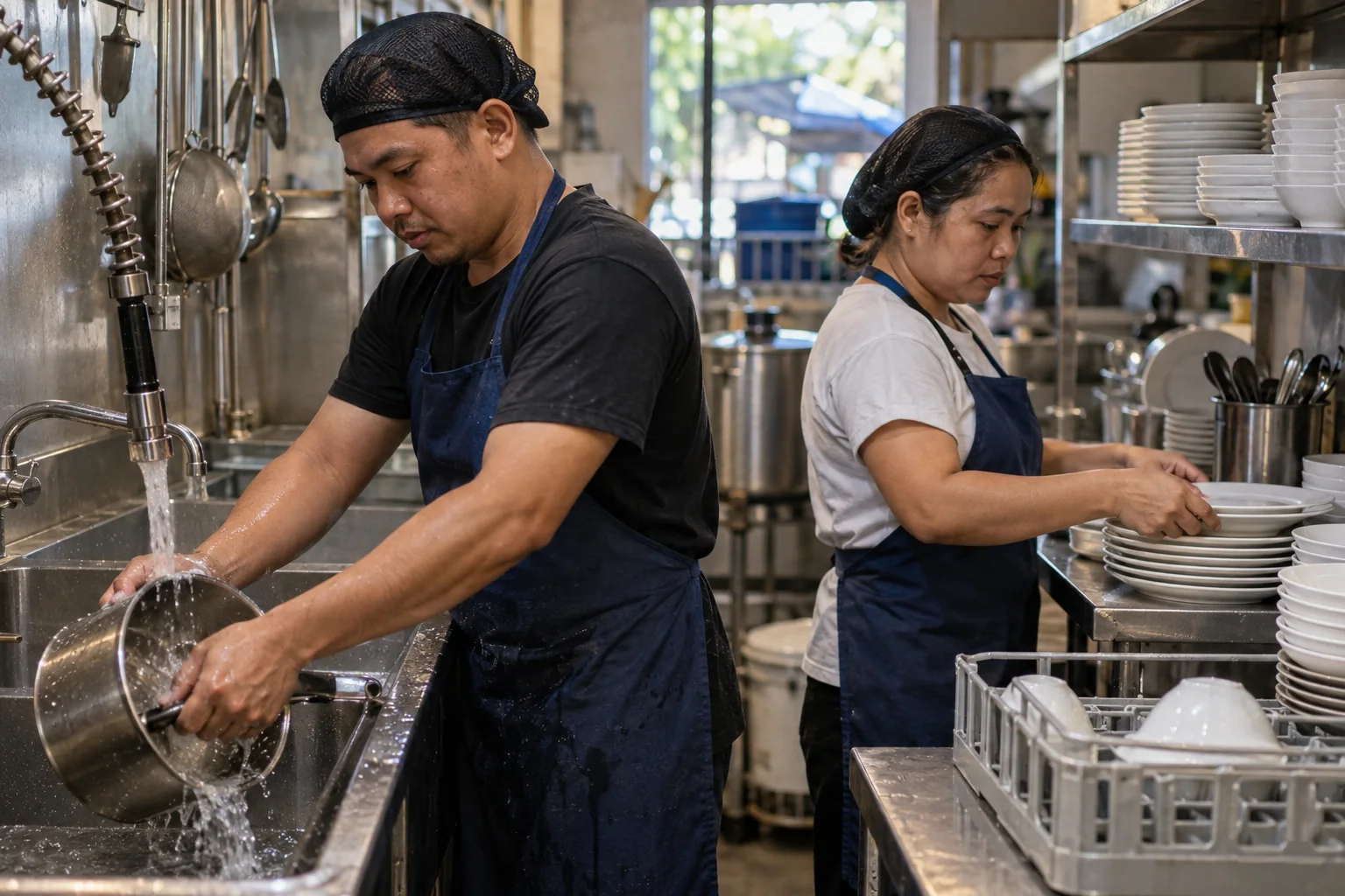 Food-service workers clean dishes and prepare a restaurant kitchen.